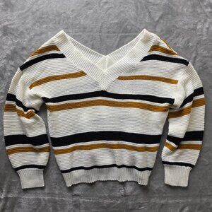 Trendy Threads Sweater‎ Women's 1X White Striped Knit Long Sleeve V-Neck Cozy